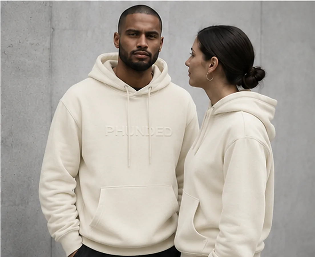 PHUNDED Cream hoodie model styling