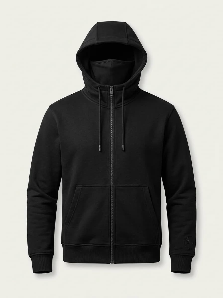 PHUNDED Face-Shield Zip-Up Hoodie — Shadow Black
